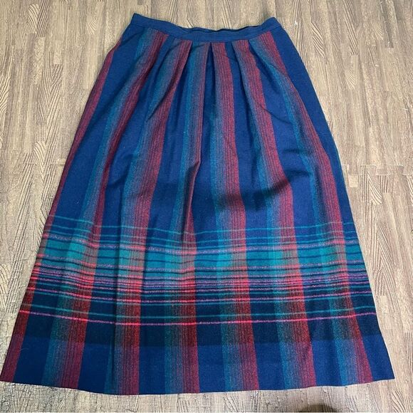 Vintage 70s Pendleton Blue Red Turquoise Plaid Stripe‎ Wool Midi Skirt 12 - Picture 2 of 11